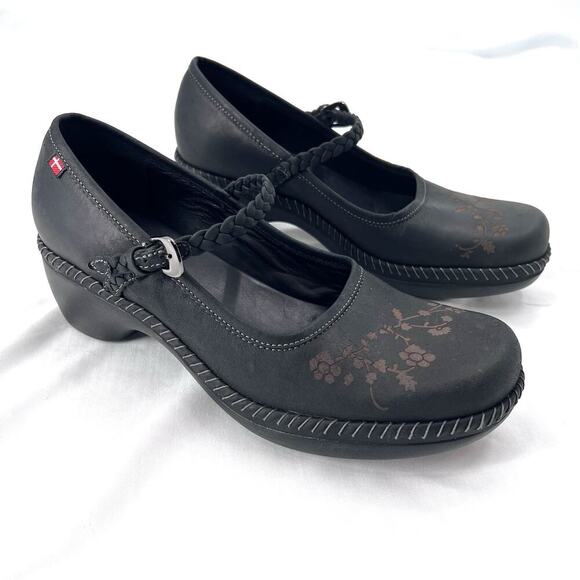 Ecco Shoes - Ecco Sussex Black Leather Mary Jane Floral Comfort Heels